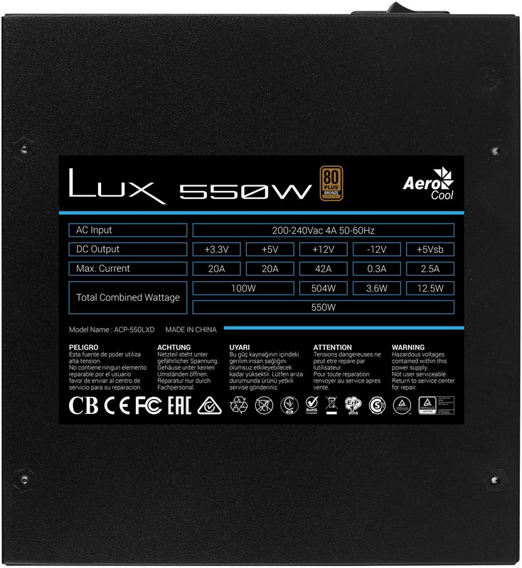 Fuente AEROCOOL LUX 550W ATX 120mm 80+ Bronze (LUX550) - Guanxe
