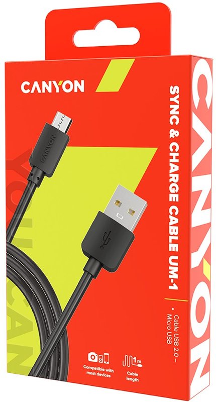 CANYON UM-1, Micro USB cable, 1M, Black, 15*8.2*1000mm, - Arvutitark