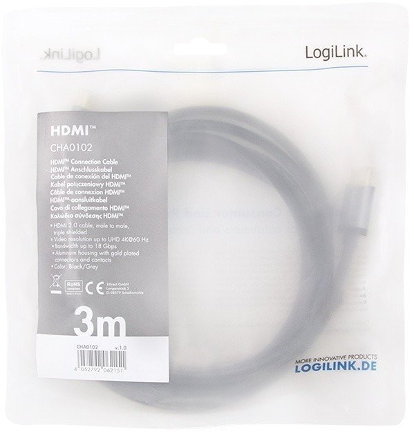 Logilink CHA0100 - 1m Cable HDMI 2.0 con Ethernet 4K/60Hz, Negro/Gris